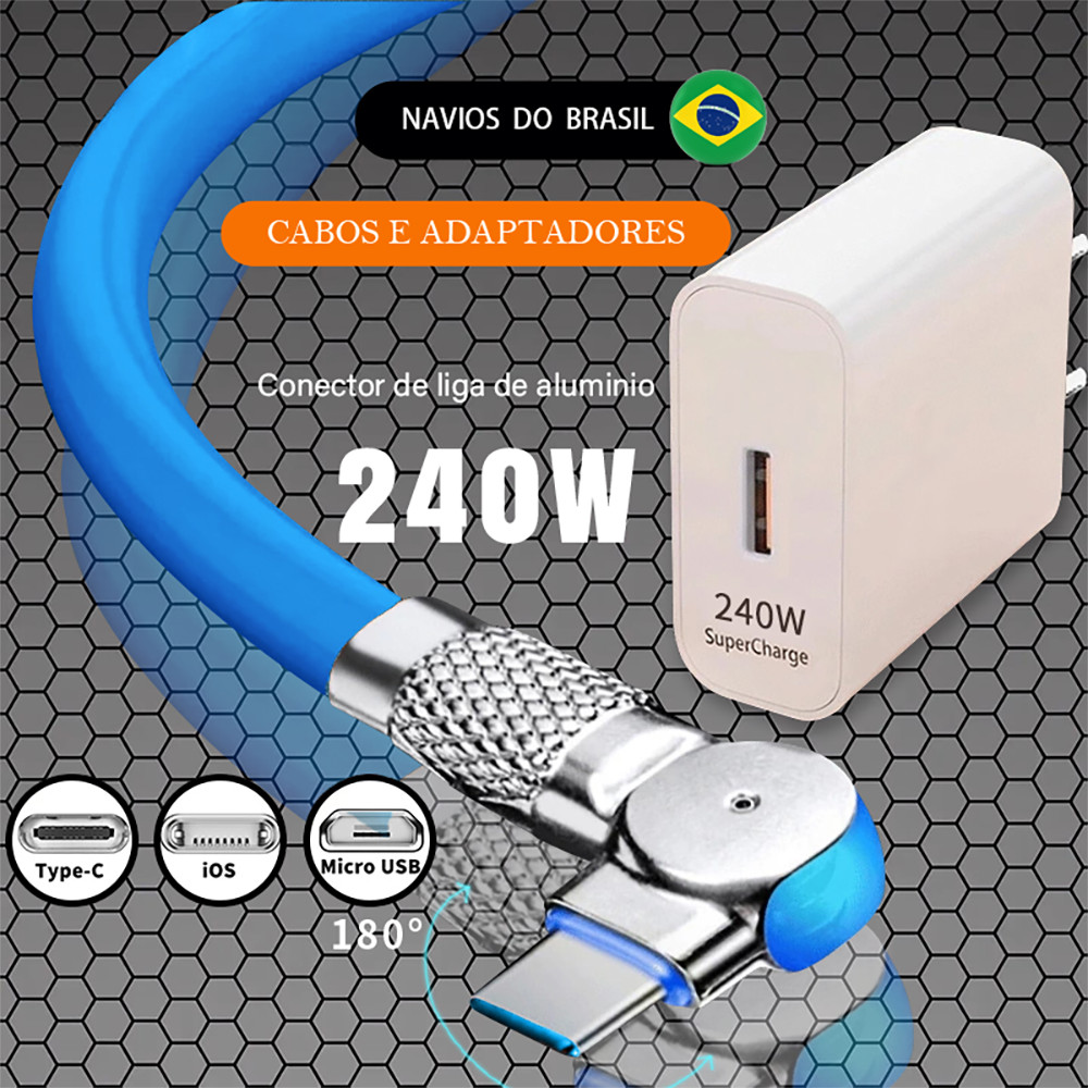Carregador Super Rápido De 240 W Com 180 ° Cabo De Carregamento De Rotação Para Cabos Giratórios Micro USB iOS Tipo C CV em Oferta na Shopee