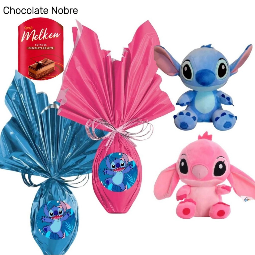 Kit Ovo De Páscoa 250g Pelucia Lilo Stitch 25cm Ovo com Brinquedo Chocolate Nobre