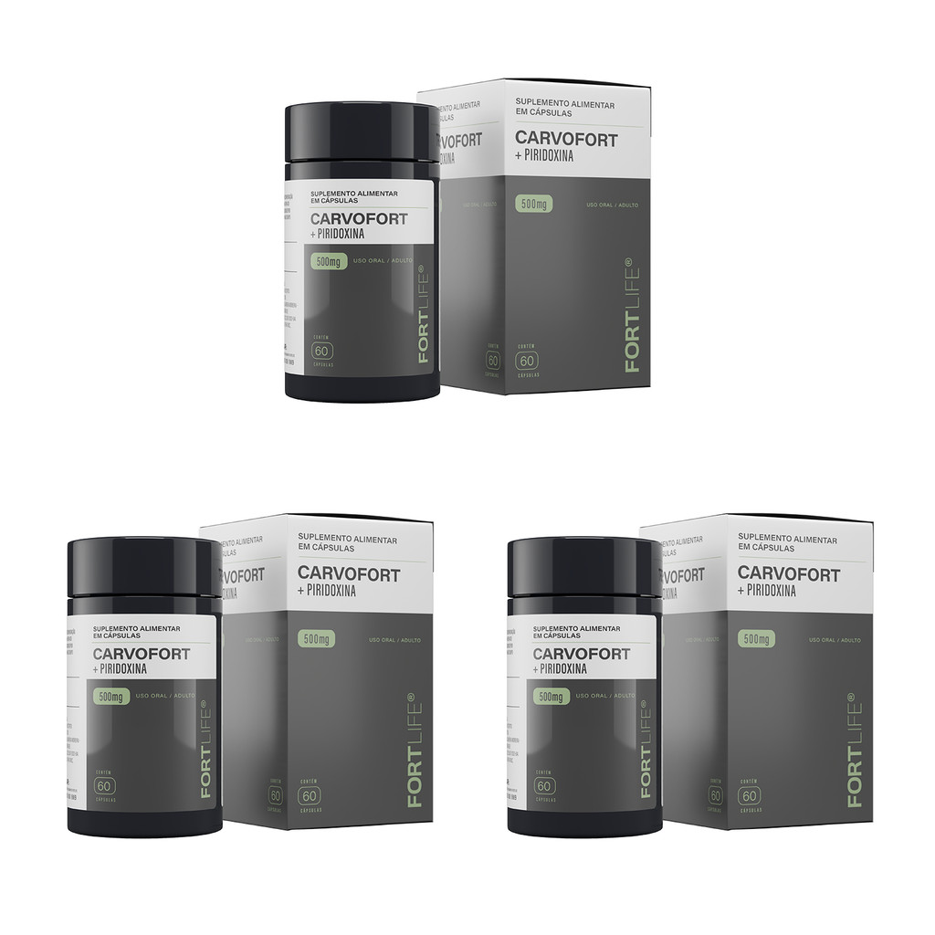 Kit 3 CarvoFort Piridoxina 1X + Carvão Ativado 500mg 60 Cápsulas FortLife