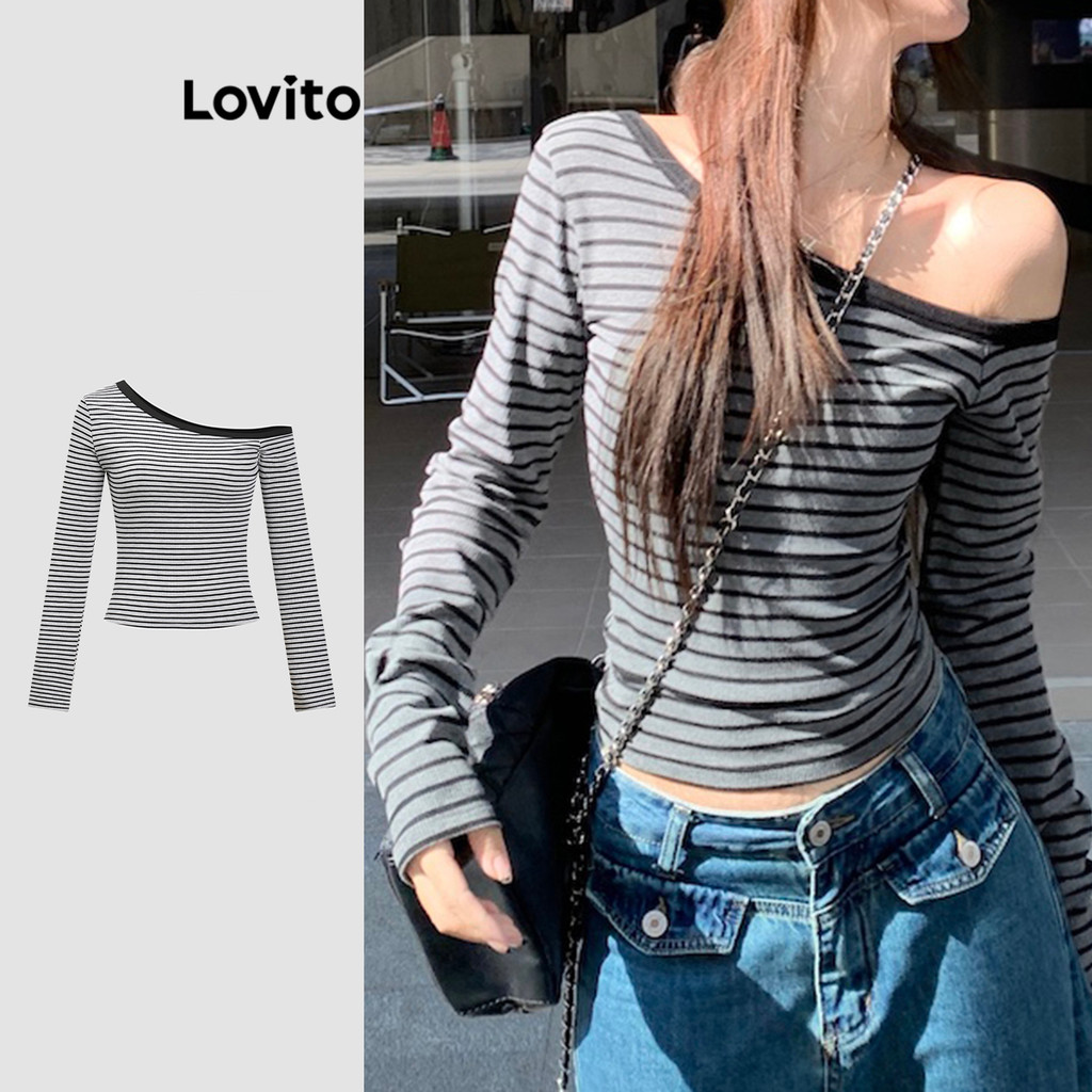Lovito Camiseta Casual Listrada Colorblock Ombro Frio Camiseta De Verão Para Mulheres L110AD1497