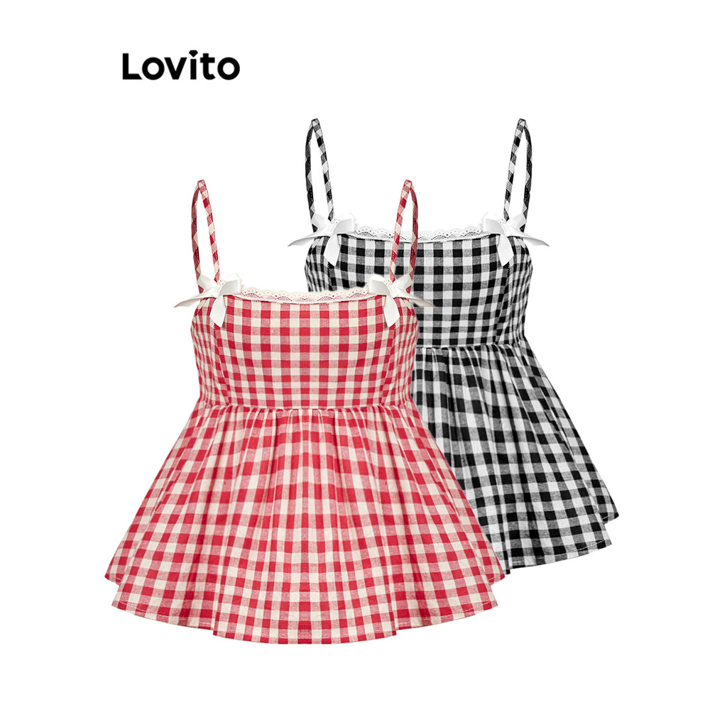 Lovito Regata Feminina Fofa Com Estampa Xadrez Vichy Gola Com Babados E Laço Modelo L97ad078 (multicolorida) em Oferta na Shopee