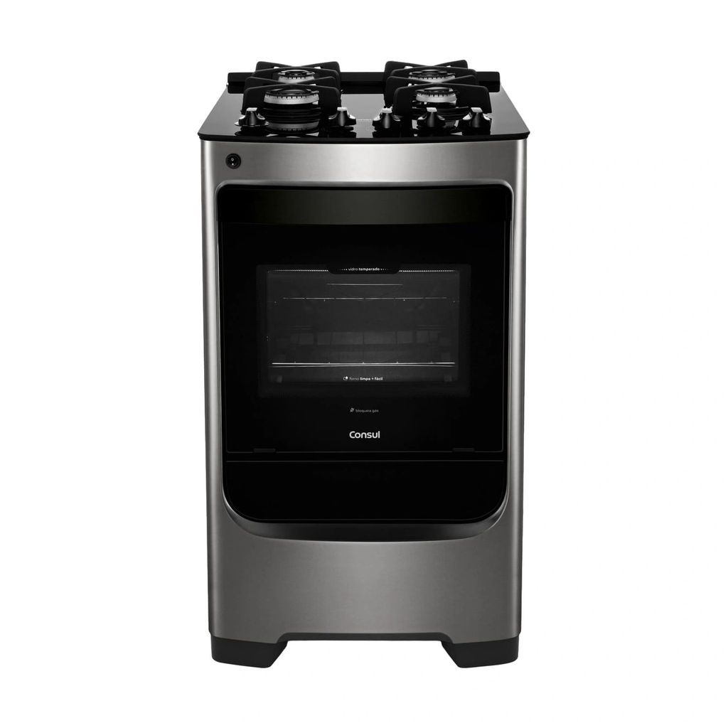 Fogão Consul 4 Bocas Cor Inox com Mesa de Vidro e Grade de Ferro Fundido - CFO4VAR em Oferta na Shopee
