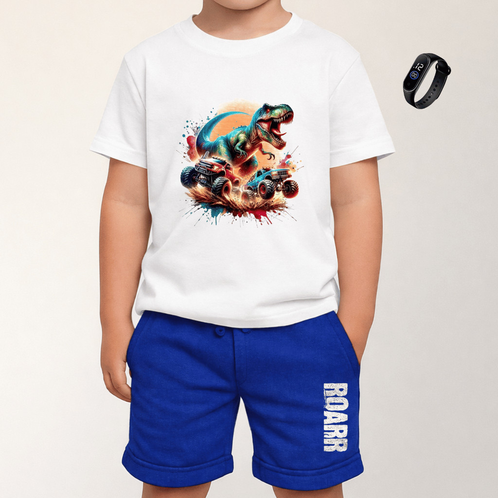 Kit menino camiseta e bermuda com relógio estampa de Dinossauro e carro 4 ao 16