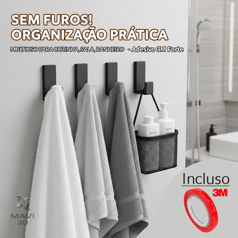 Gancho Adesivo 3M 5kg Parede Sem Furo Kit 2 3 4 5 6 Cabide Preto Banheiro