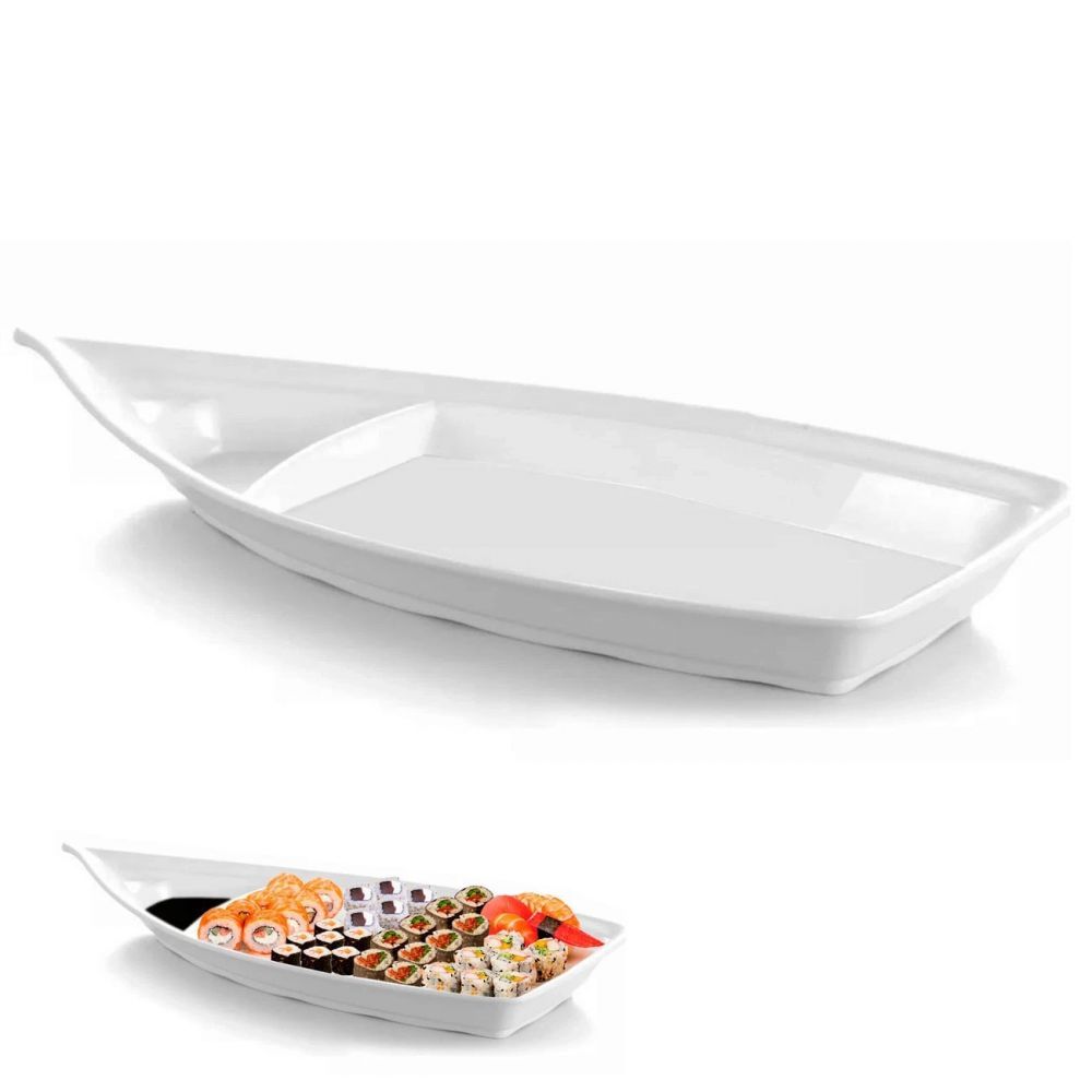 Barca 58 Cm Travessa de Melamina Premium Branca para Comida Japonesa Sushi e Açai Restaurante Buffet