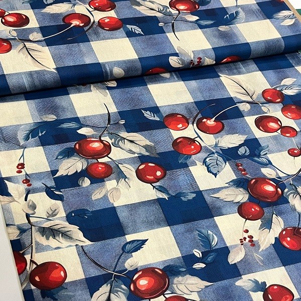 Tecido Tricoline Digital Cereja Xadrez Azul Marinho em Oferta na Shopee