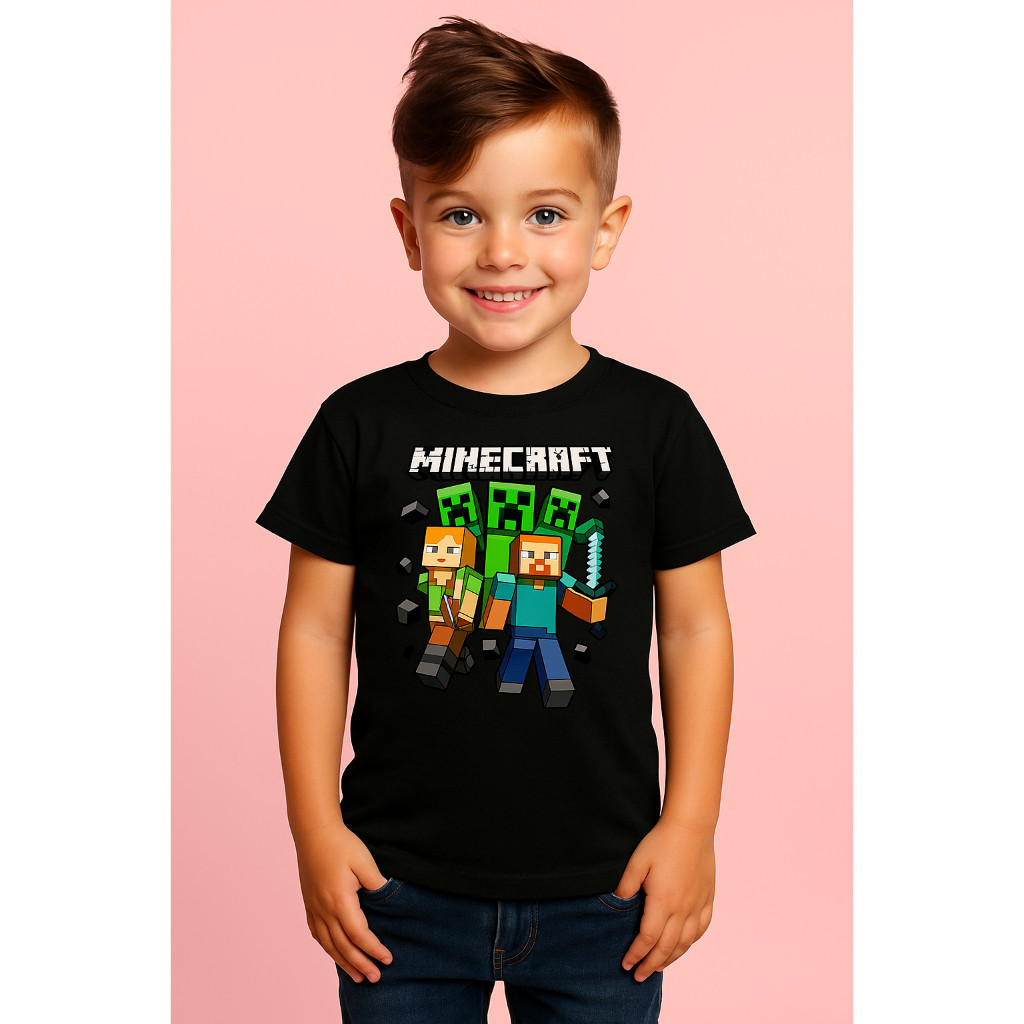 Camiseta Infantil Minecraft - Aventura Pixelada com Heróis e Creepers Lançamento