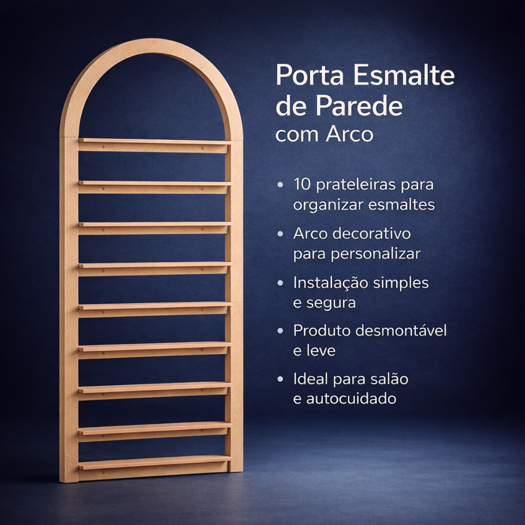 Expositor de Esmaltes MDF de Parede com Arco 10 Prateleiras para Salão de Beleza — imagem 2 de 2