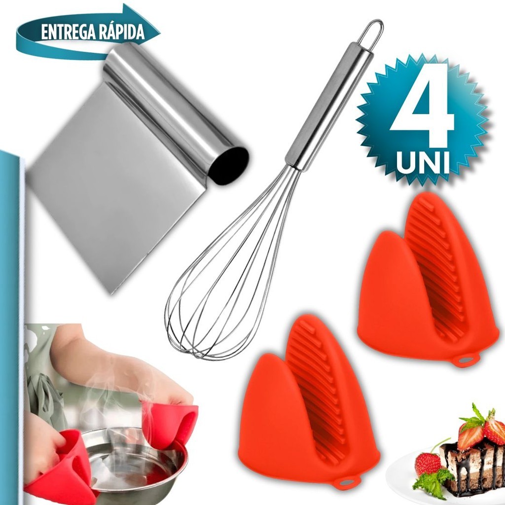 KIT 4 Confeiteiro de cozinha Espátula Tubolar raspador de massa,Batedor de Ovo Fouet Fue ,Luva Térmica Bico de Pato
