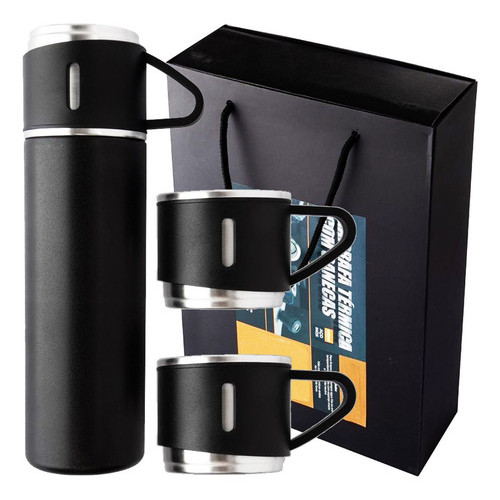 Kit 3 Xícaras Garrafa Térmica Inox 500ml Café Antivazamento Cor Preto Vittak