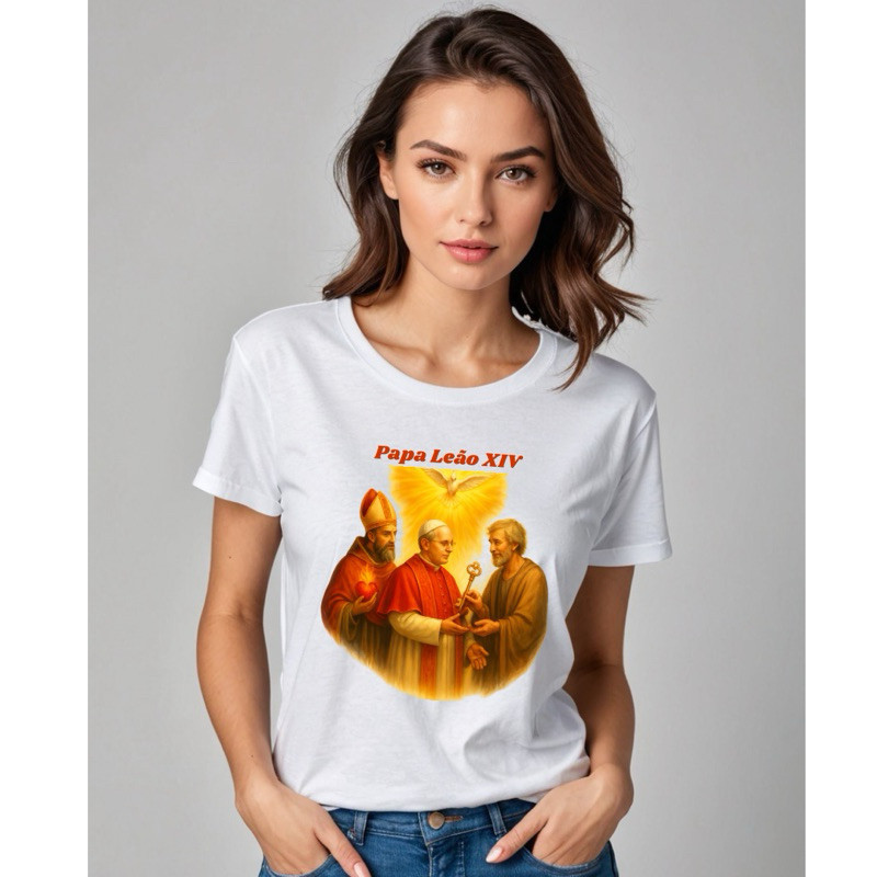 Camiseta Unissex Algodão T-shirt Papa Leão XIV Santo Agostinho e São Pedro Chave Vaticano - Infantil Adulto e Plus Size
