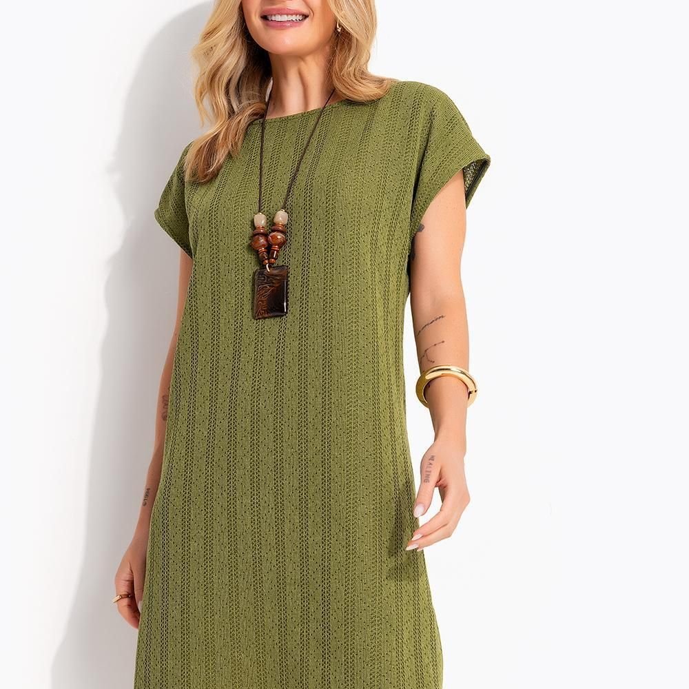 Vestido Midi Soltinho Em Malha Tricô Verde Oliva Texturizada Quintess