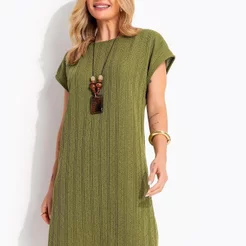 Vestido Midi Soltinho Em Malha Tricô Verde Oliva Texturizada Quintess
