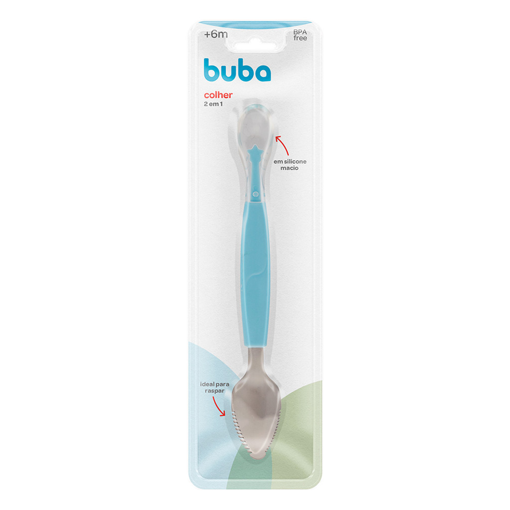 Colher 2 em 1 Buba Raspa Fruta em Inox e Silicone Azul em Oferta na Shopee