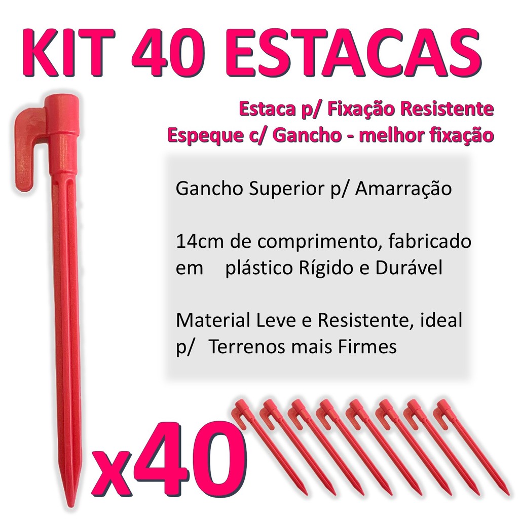 Kit 40 Estacas Pequena 14,5cm Vermelha P/ Rede Beach Tenis Camping Gazebo Areia Grama Fixador