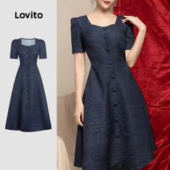 Lovito Elegante Vestido com Botões Primavera/verão Vestido Azul-marinho para Mulheres L158AD200
