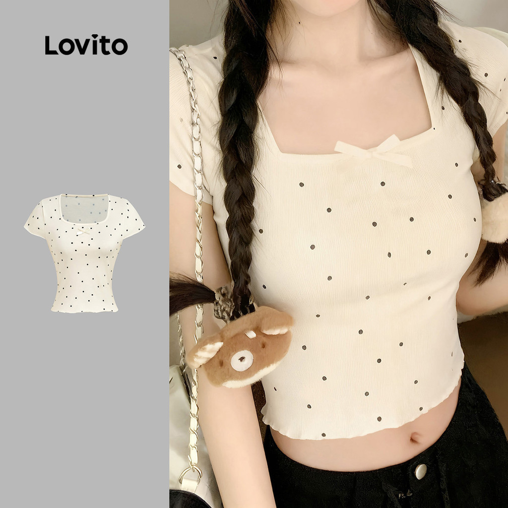 Lovito Camiseta Fofa com Laço para Primavera/verão em Damasco para mulheres L166AD935 em Oferta na Shopee