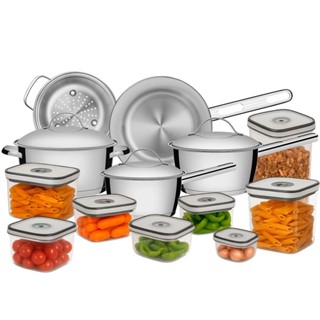 Jogo de Panelas Tramontina Allegra Aço Inox e Indução com Jogo de Potes Herméticos Electrolux 8pçs em Oferta na Shopee