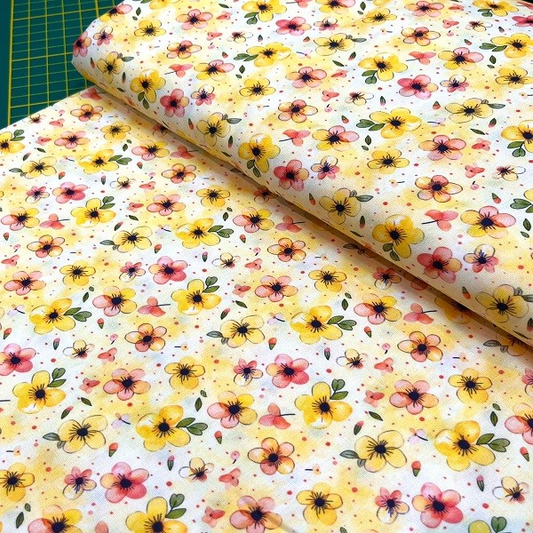 Tecido Tricoline Digital Floral Amarelo e Rosa Fundo Amarelo