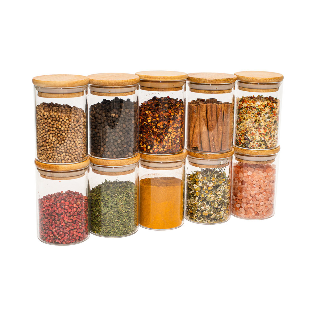 Jogo de 10 Potes Herméticos de Vidro Tampa de Bambu - 250 Ml Oikos em Oferta na Shopee