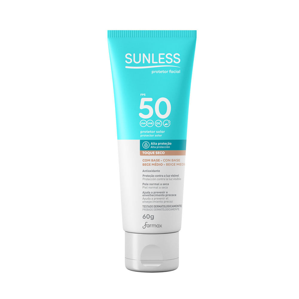 Protetor Solar Sunless com Base Bege Médio FPS 50 Toque Seco com Efeito de Base 60g em Oferta na Shopee