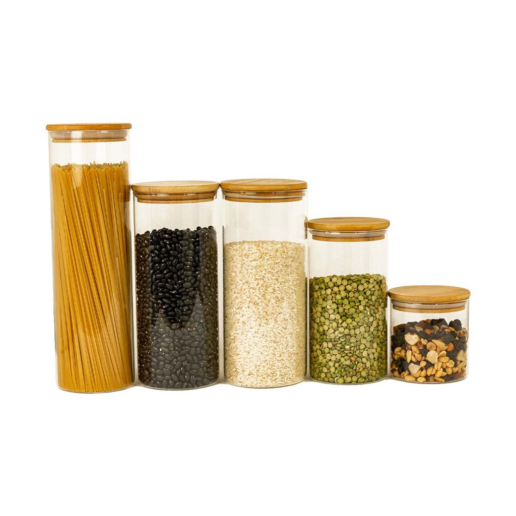 Kit 5 Potes de Vidro Tampa Bambu 2000/1650/1100/500ml Oikos