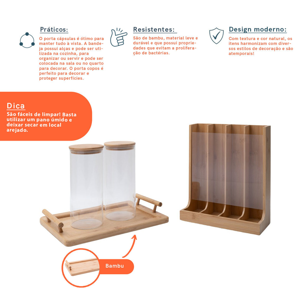 Kit com 2 Potes de Vidro com Tampa de Bambu 1,6l, Porta Cápsulas E Bandeja Retangular - Oikos · foto 2