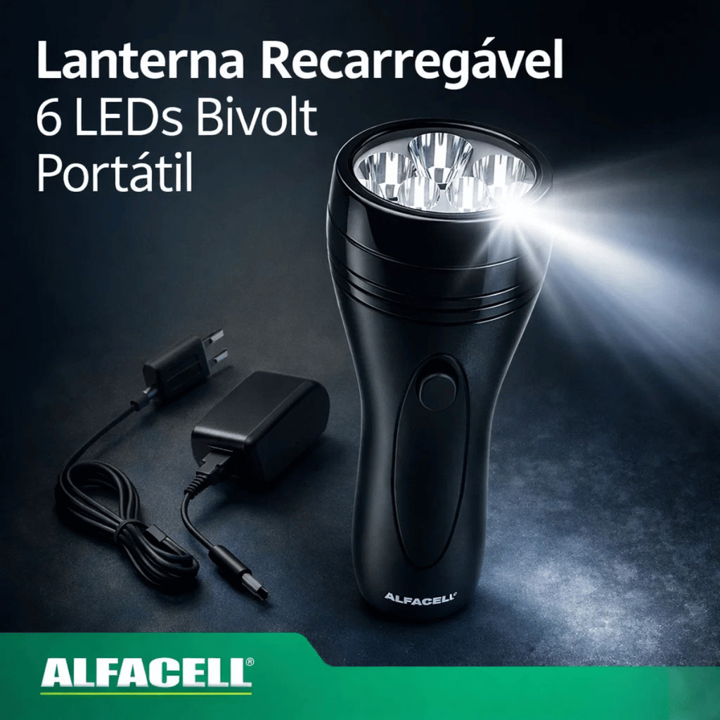 Lanterna Recarregável 6 LEDs Bivolt Portátil - Alfacell / Camping Pesca Emergência Iluminação