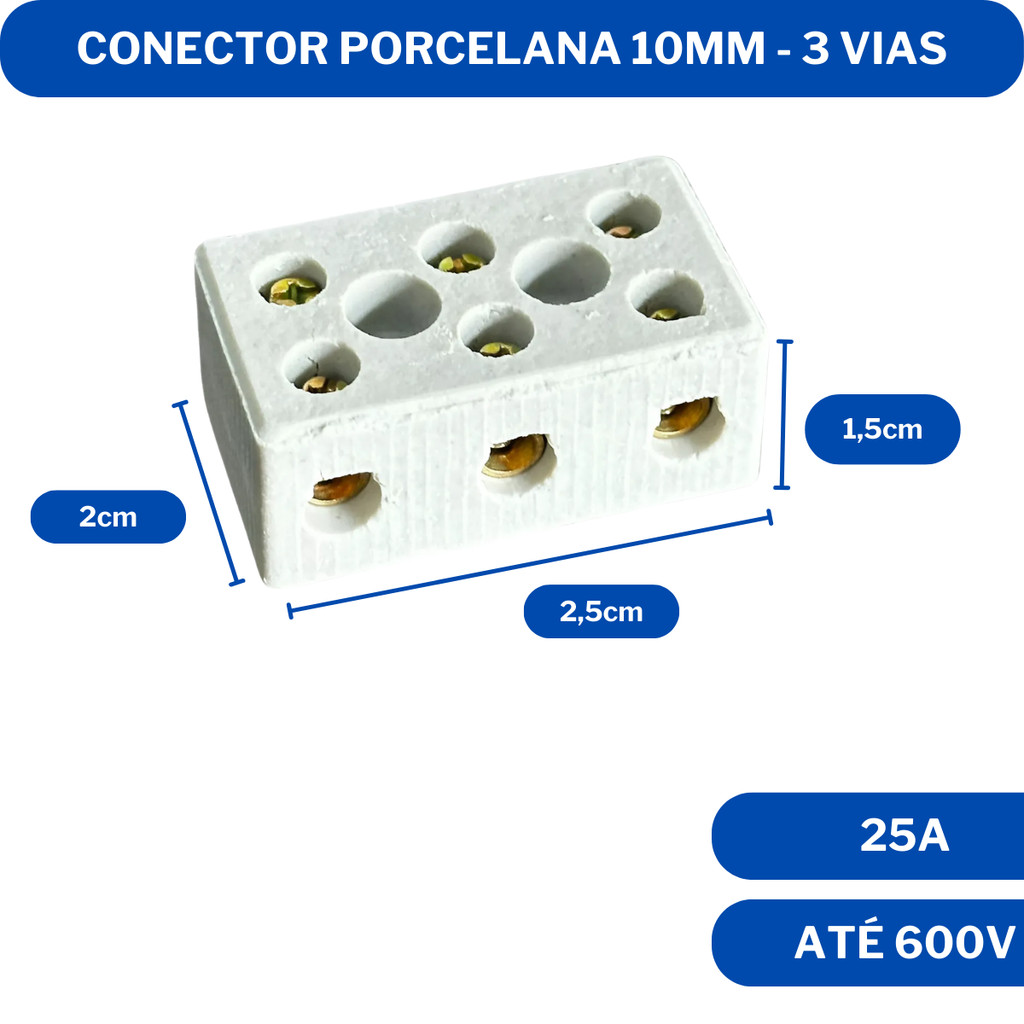 Kit 2 Conector Porcelana 3 Vias 6mm 10mm 16mm - Resistente Alta Temperatura Para Chuveiros e Torneiras — imagem 2 de 2