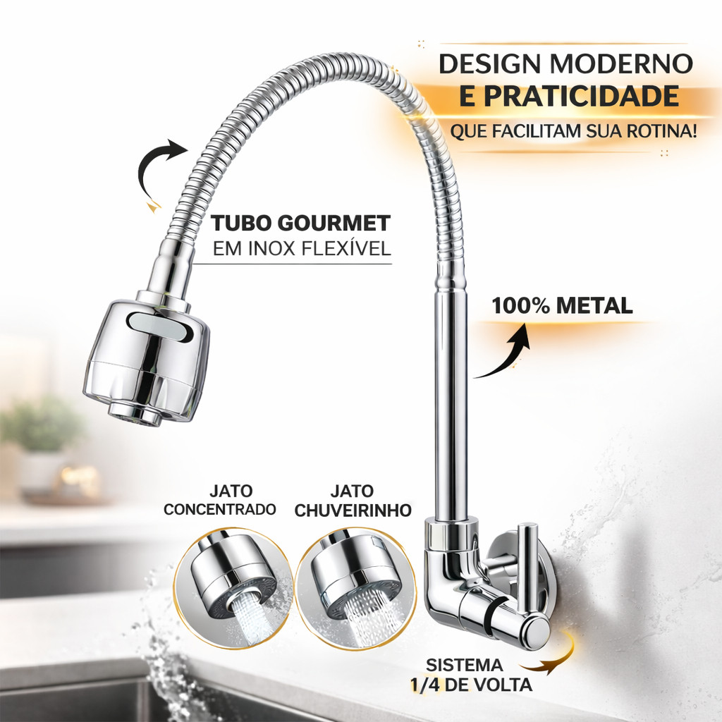 Torneira Aço Inox Econômica Parede Flexível Chuveirinho Resistente Cozinha Lavatório Pia Banheiro