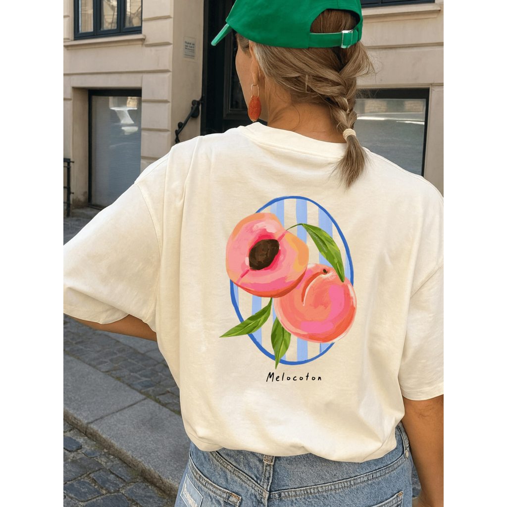 Camiseta Oversized Floral Brasileira Moda Verão Tshirt Estilosa Gola Redonda - Pêssego Melocotón