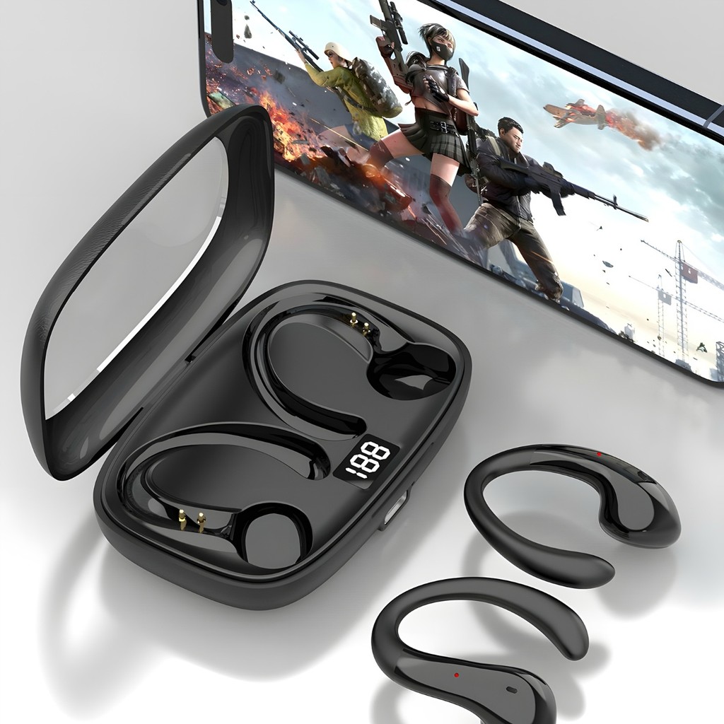Fone de Ouvido Esportivo com Suporte Orelha Anti-queda Bluetooth 5.0 Som Estéreo Toque e Display de Bateria