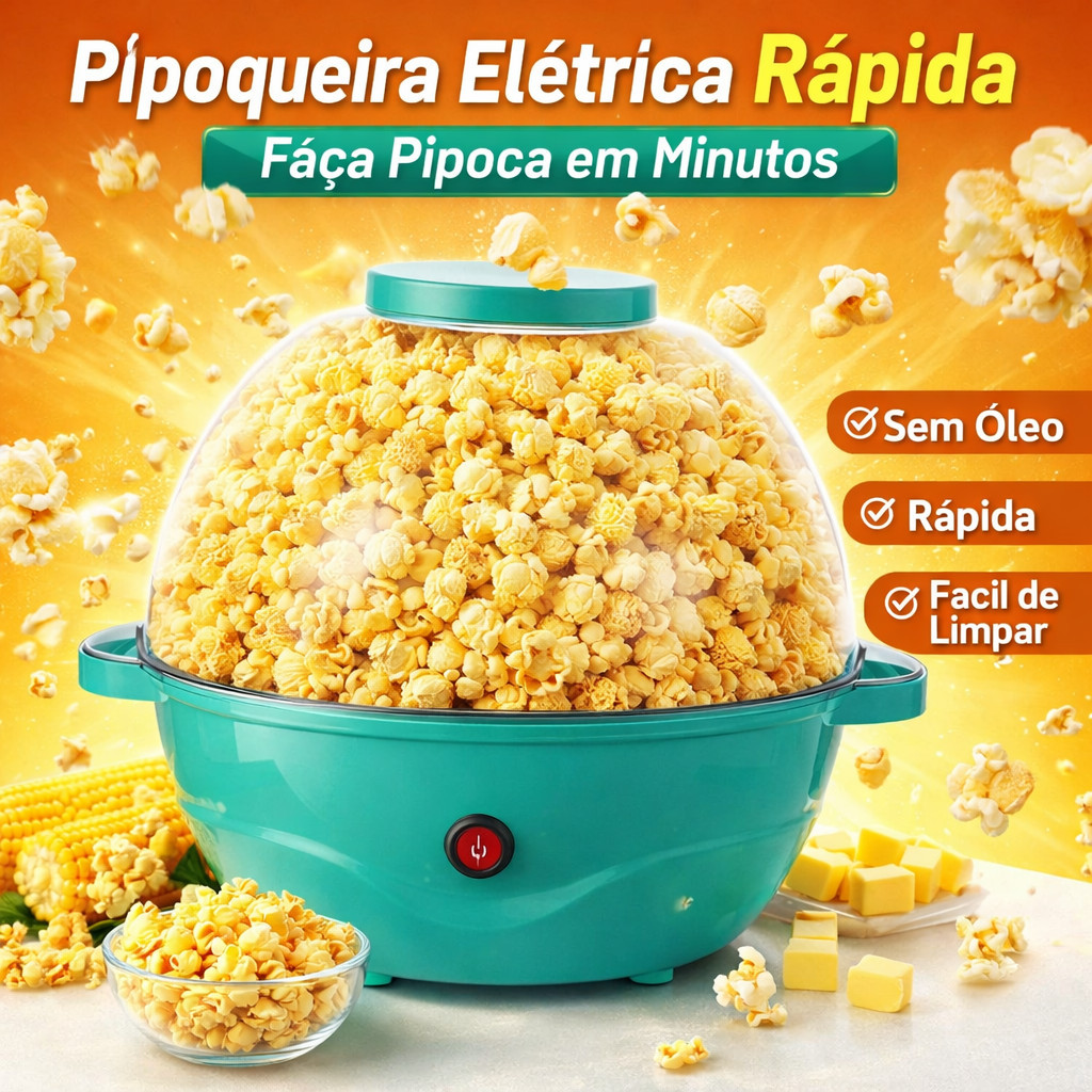 Pipoqueira Elétrica 500W com Tampa Transparente Aquecimento Rápido para Pipoca Caseira