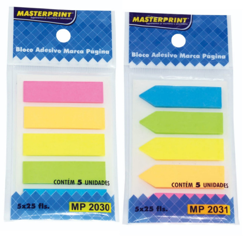 Bloco Adesivo Marcador de Páginas Neon Masterprint 5 Cores Seta e Reto Post It Flags