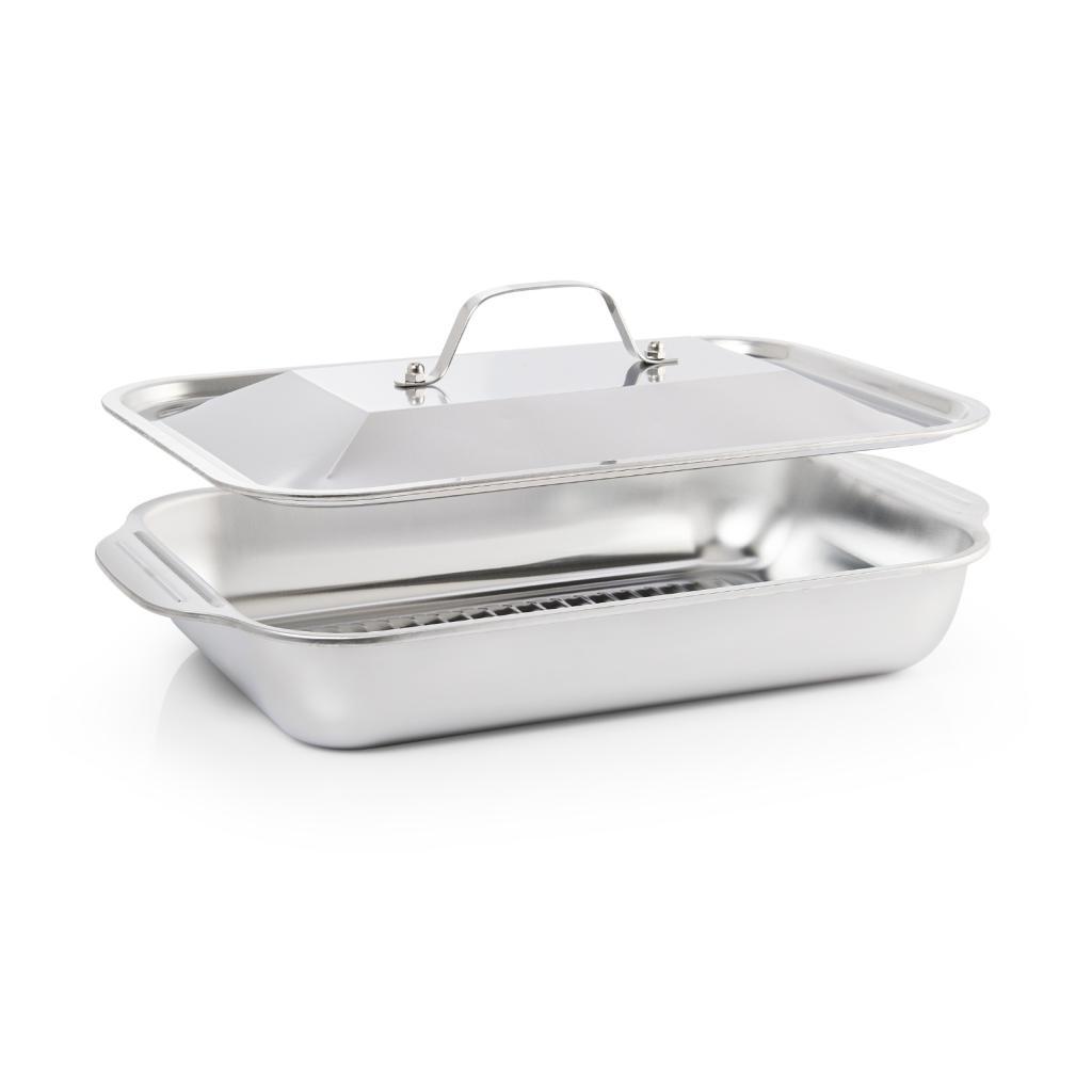 Assadeira Forma Grill Aço Inox com Tampa 37x22cm Cozinha Forno Profissional Gourmet Mix