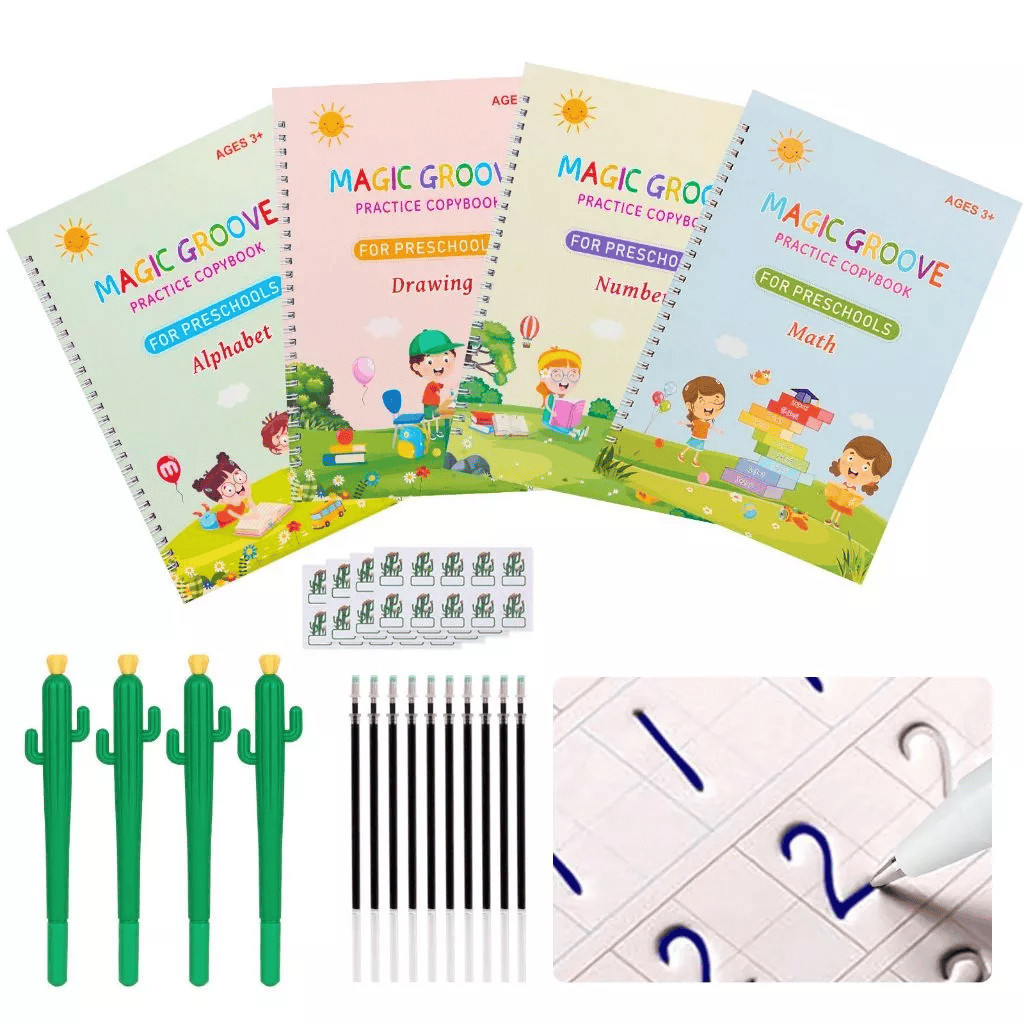 Kit 4 Cadernos de Caligrafia com caneta magica Infantil Reutilizável para Escrita e Aprendizado QUALIDADE
