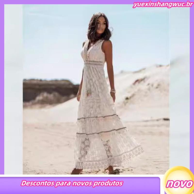 Vestido Feminino 2024 Verão Bohemiano Vestido Longo Transfronteiriço Vestido de Renda com Patches Flare Feminino