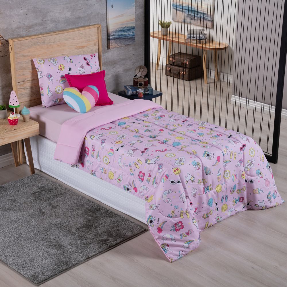 Kit Edredom Infantil Dupla Face Solteiro 4 Peças Rosa Estampado Joy Quarto de Menina