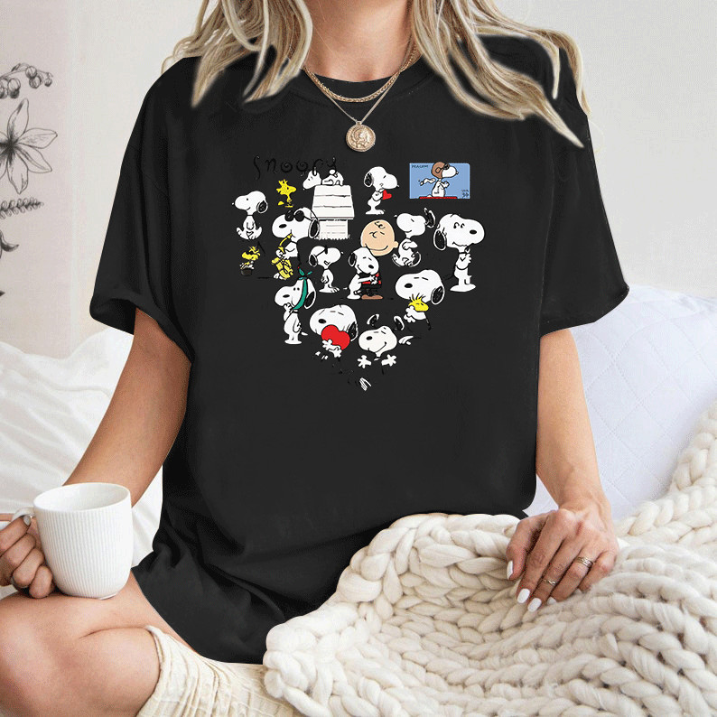 [Camiseta Premium Algodão Puro]LA Camiseta Feminina Adulto Curta Manga Snoopy Caricatura Branca
