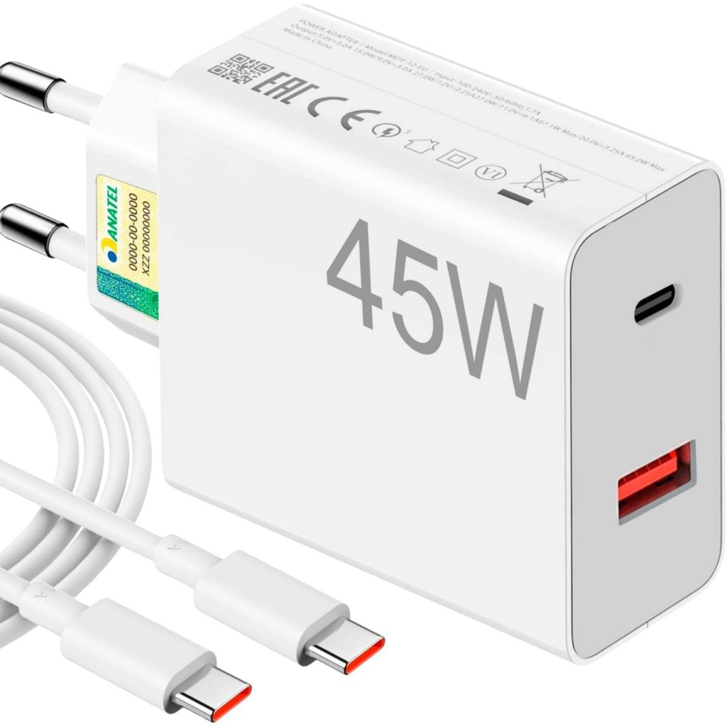 Carregador Turbo Tipo C 45W Original Lehmox Duas Entradas USB Bivolt Para Samsung Xiaomi Moto