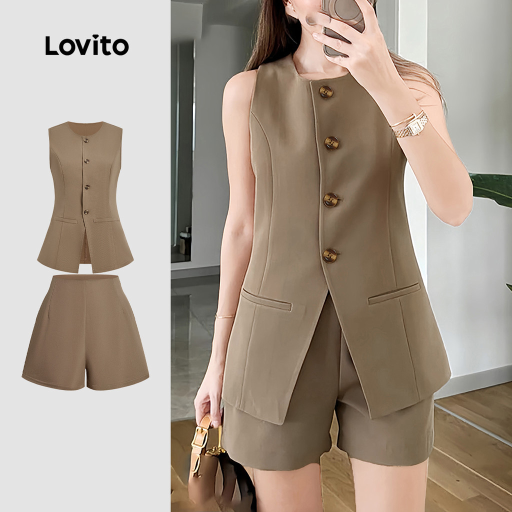 Lovito  Tops ou Bottoms Botão Casual Simples Zíper Primavera/verão Blusa Cáqui Tops ou Bottoms para Mulheres. L178ED878 em Oferta na Shopee