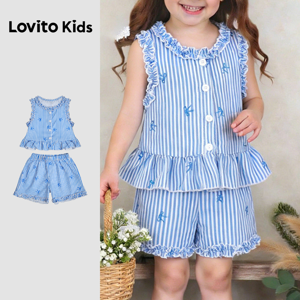 Lovito Kids Conjuntos de Shorts Fofos Babados com Botão Primavera/verão Shorts Azul para Menina L180LD240 em Oferta na Shopee