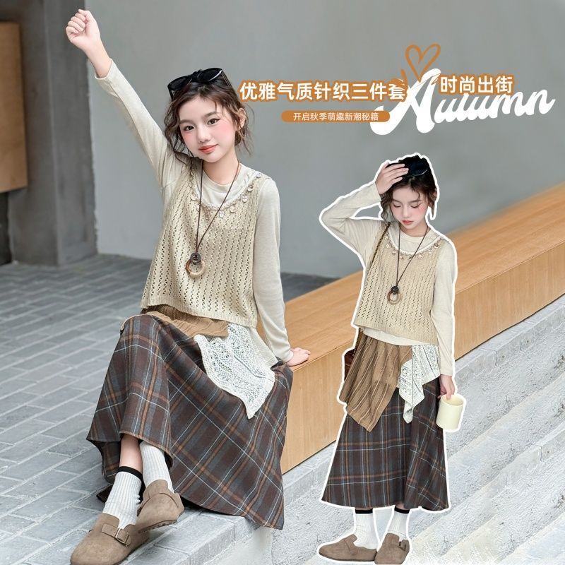 Novo estilo infantil bacalhau moda xadrez outono camisa meninas Casual 2026cod estilo infantil cem moda combinando saia