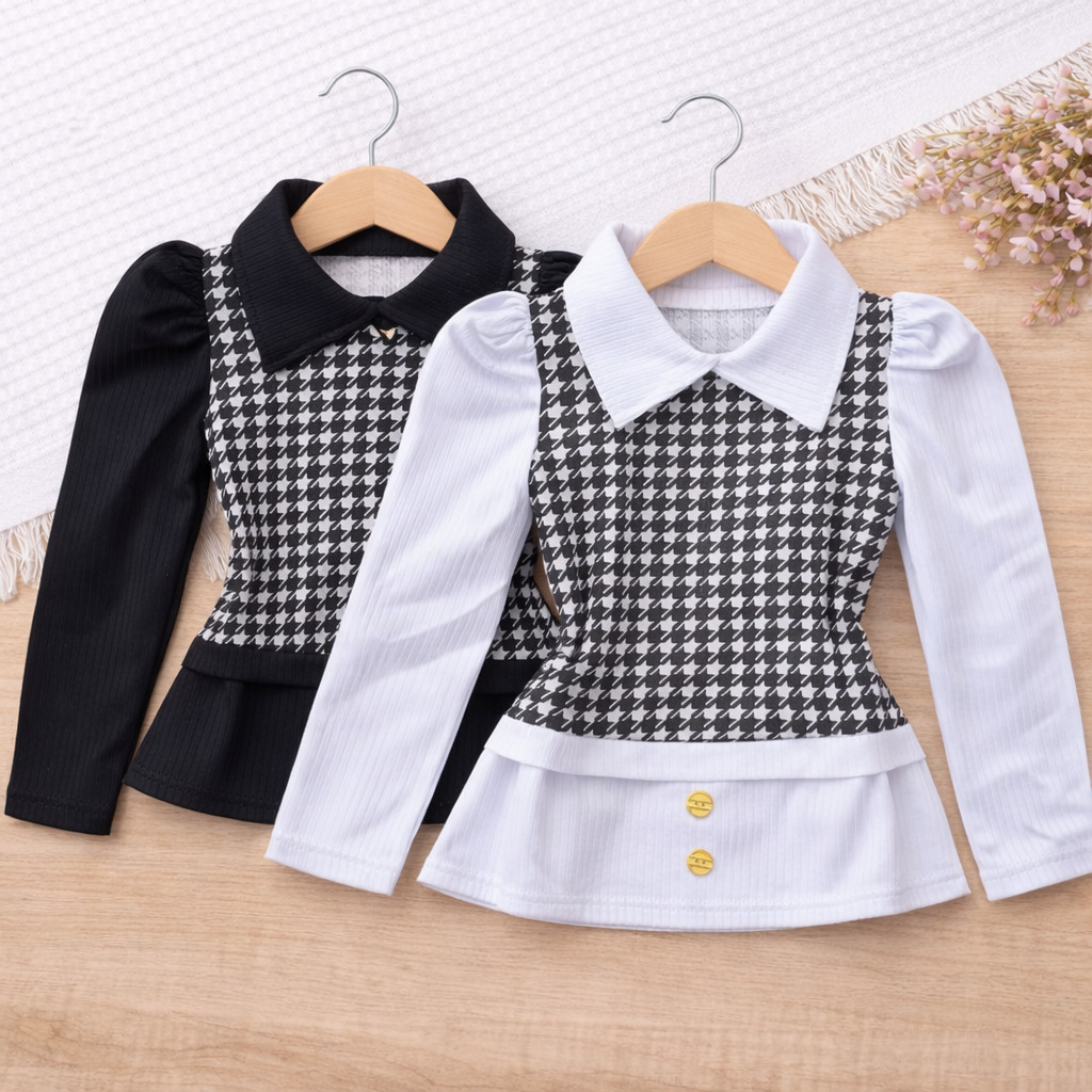Blusa xadrez manga longa infantil menina frio inverno - blusa infantil canelada 2-12 anos