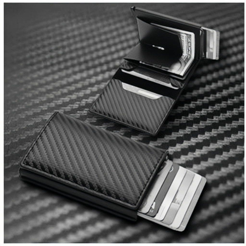 Carteiras Fibra De Carbono Porta-Cartões Masculina  Preta Tripla De Couro
