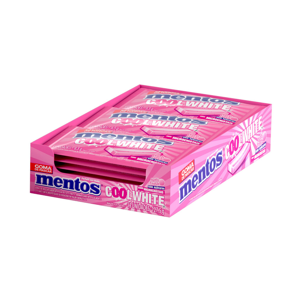 Gomas de Mascar, Sem Açúcar, Sabor Tutti-Frutti Fresh, Display, Mentos, 3 Camadas Cool White - 127,5 g | 15 Unidades
