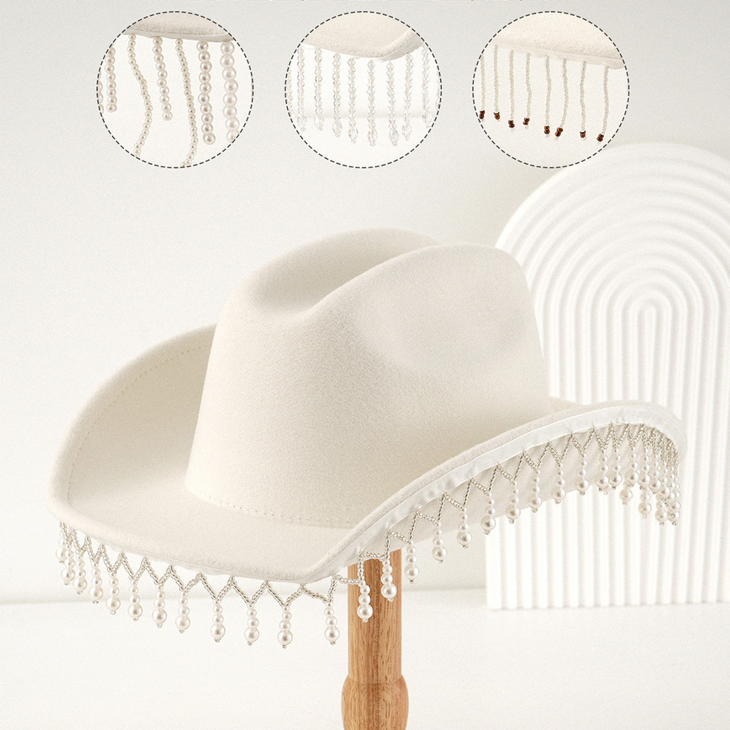 Moda de alta qualidade chapéu de Cowboy senhoras moda mostrar chapéu superior cristal pérola borla acessórios moda luz l