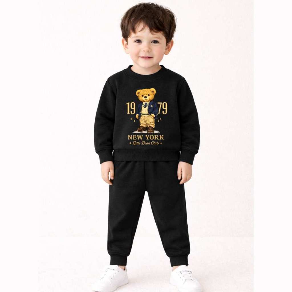 Conjunto Moletom Infantil Peluciado Inverno Urso New York Menino Quentinho Blusa Calça Infantil Menino