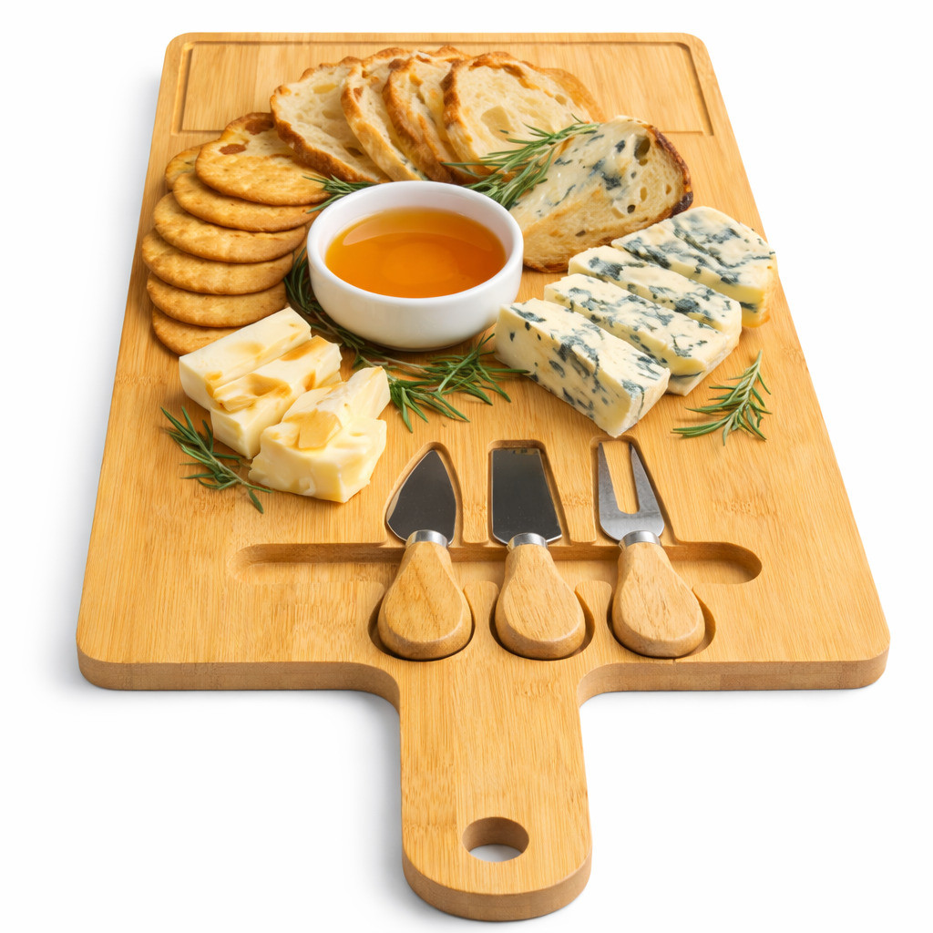 Kit Tábua De Queijos Em Bambu Com Facas, Tábua De Corte Com Cabo, Bandeja Para Frios, Frutas E Petiscos