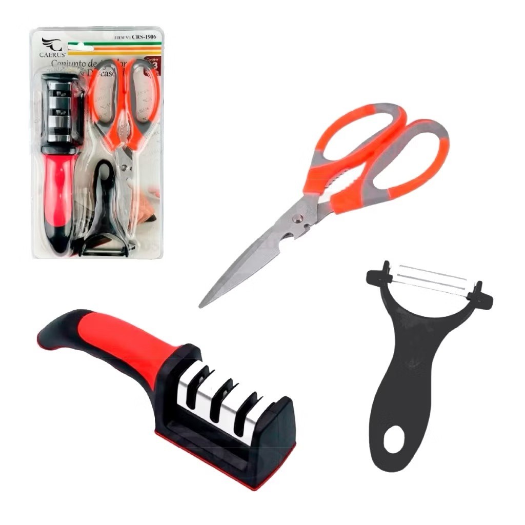 KIT Amolador Afiador De Facas Em Aço Inox Com 3 Afiadores Com Tesoura Descascador Cozinha
